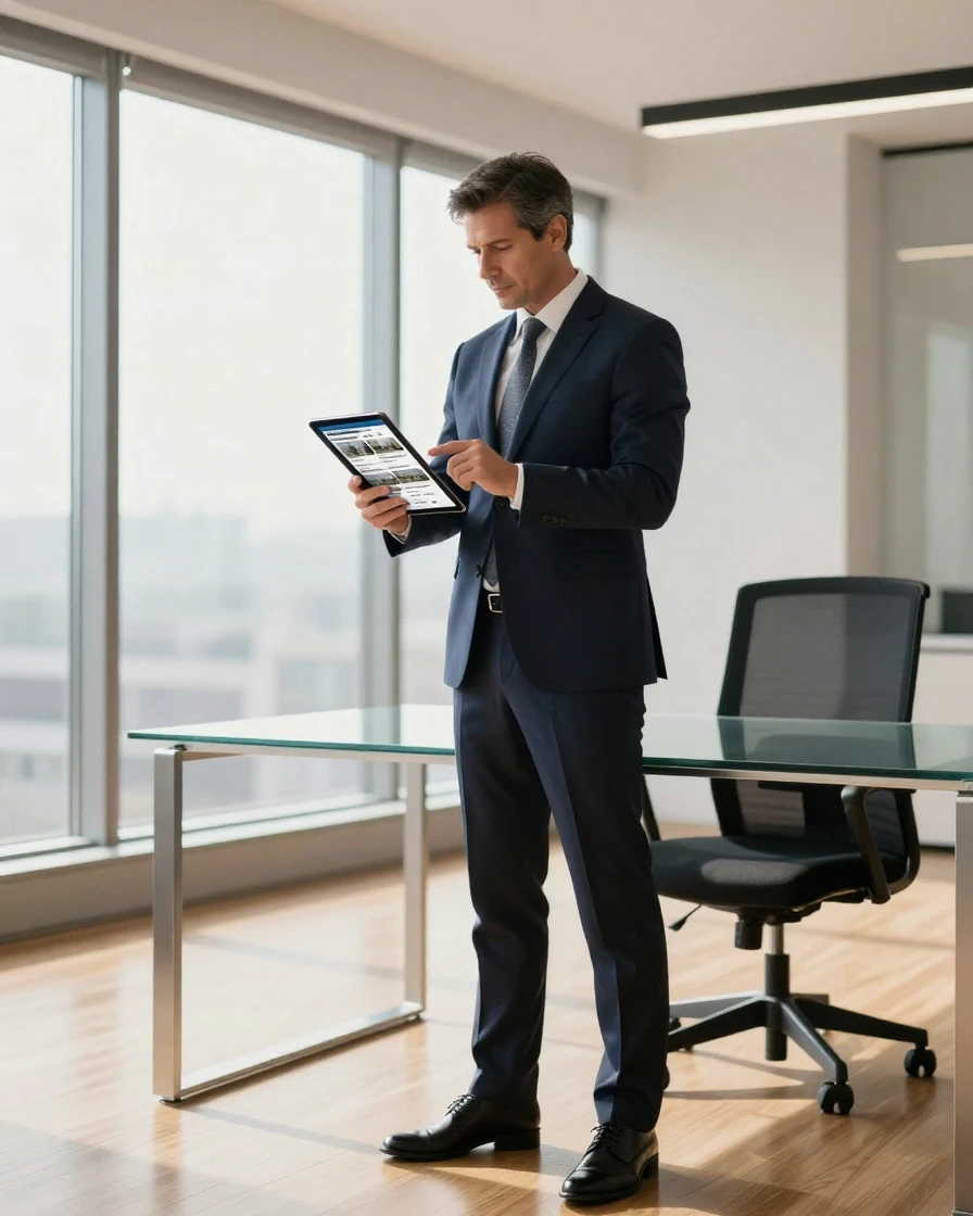 A businessman using a tablet to check real estate listings inside an empty office space.
