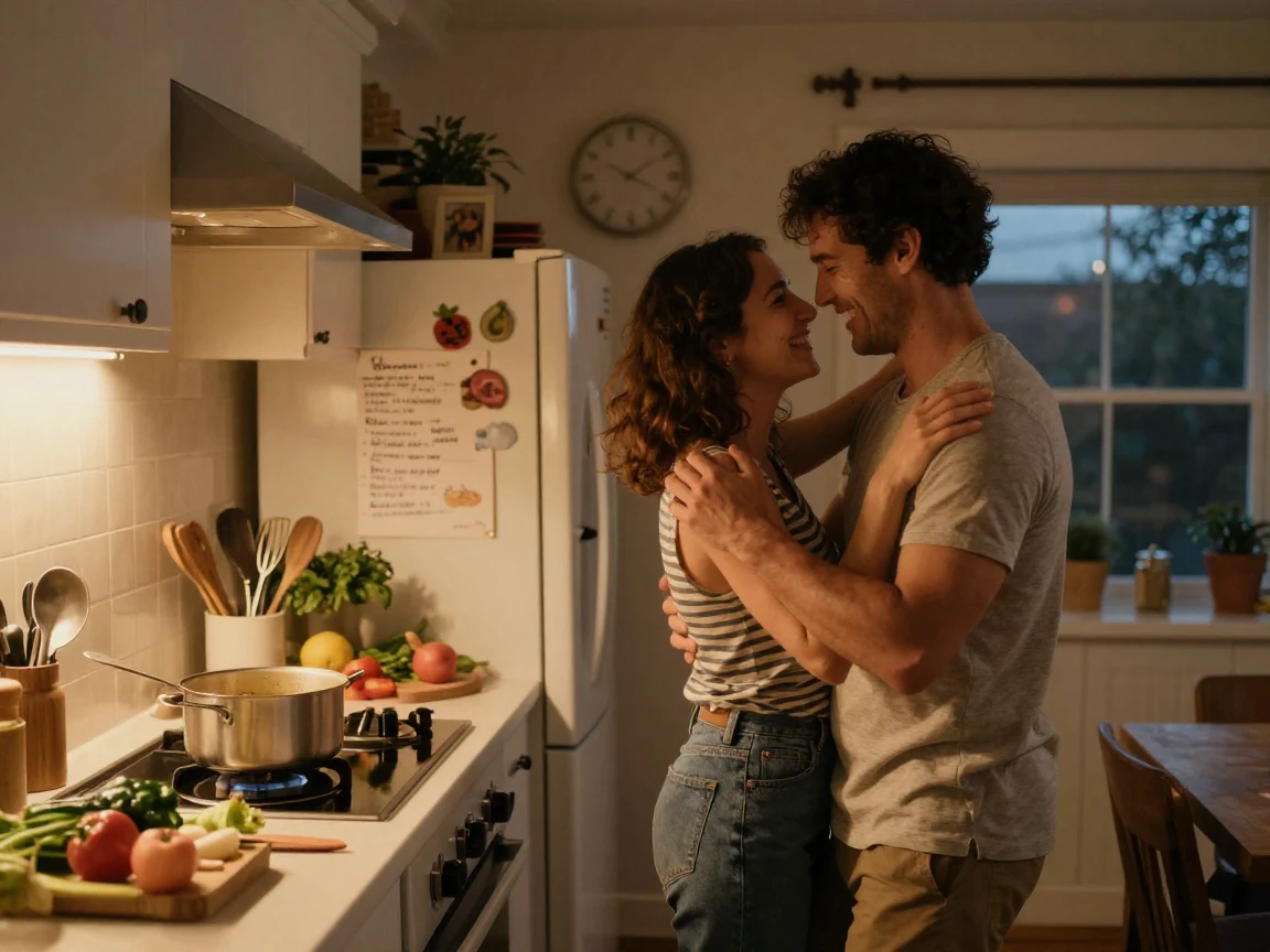 A couple slow dancing in their kitchen while cooking dinner together.