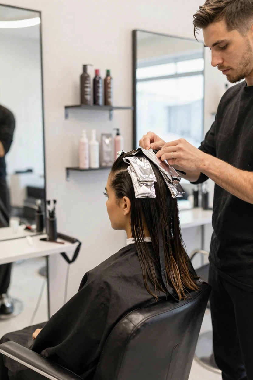 A woman getting a hair color touch-up with foils at a salon.