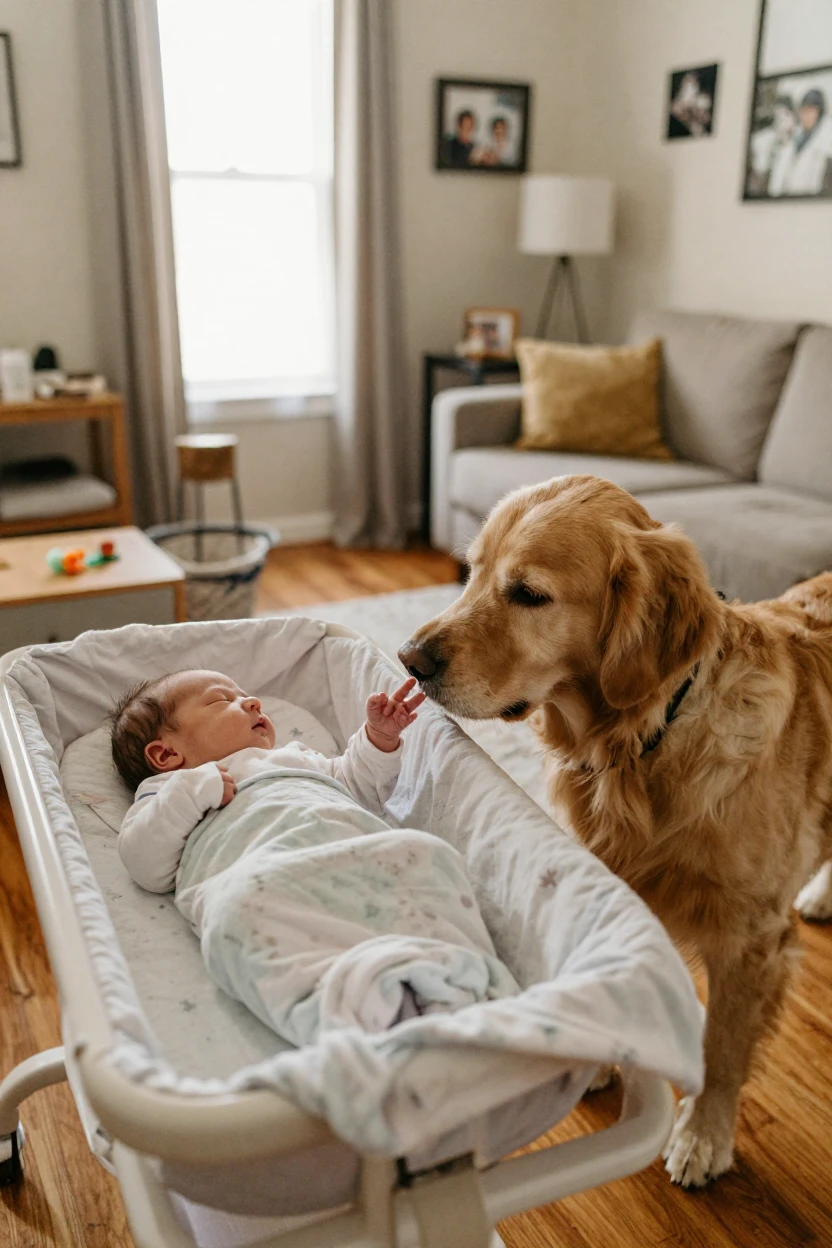 A family dog greeting a new baby for the first time at home.