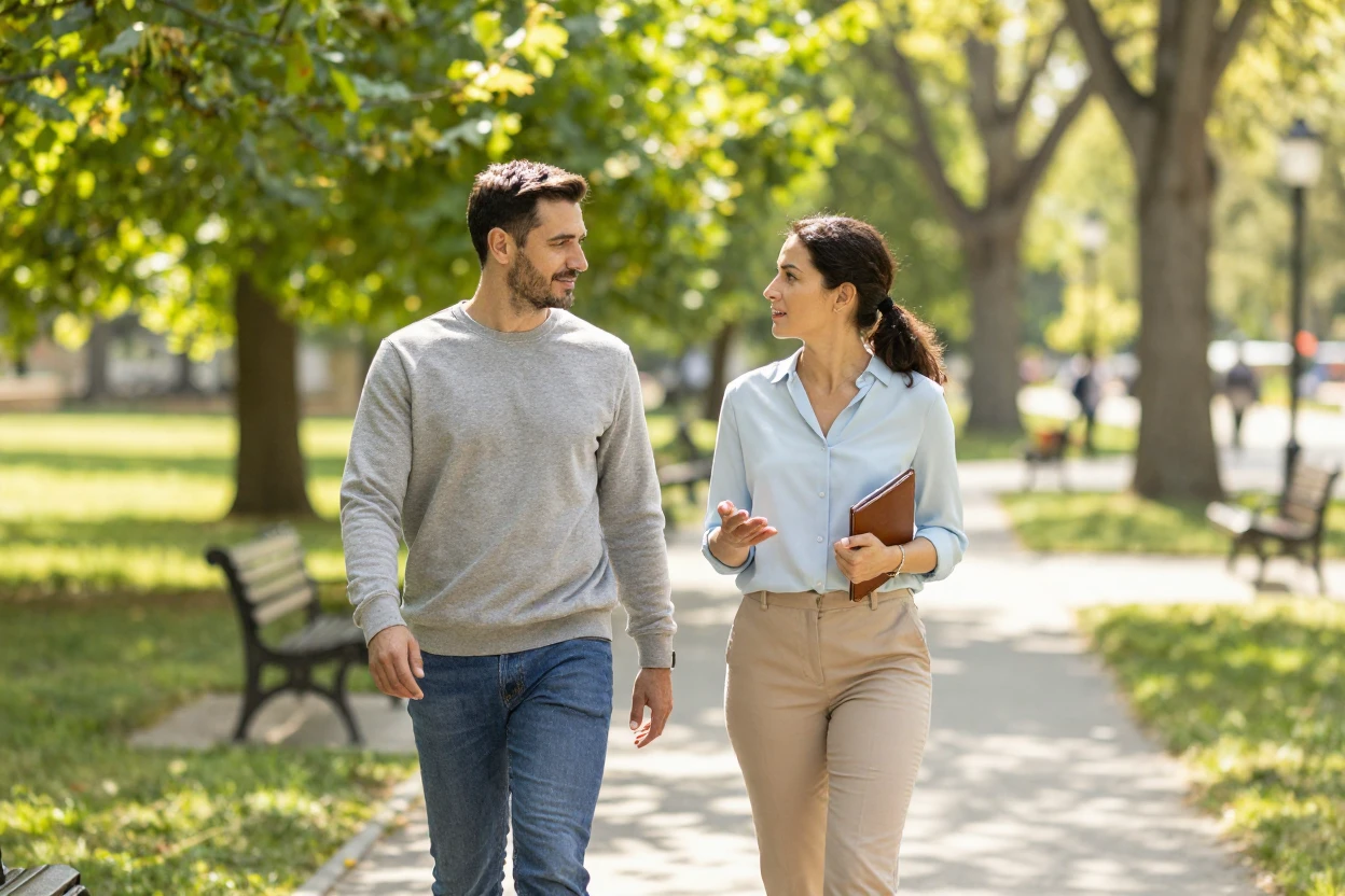 A therapist and client doing an outdoor walking therapy session.