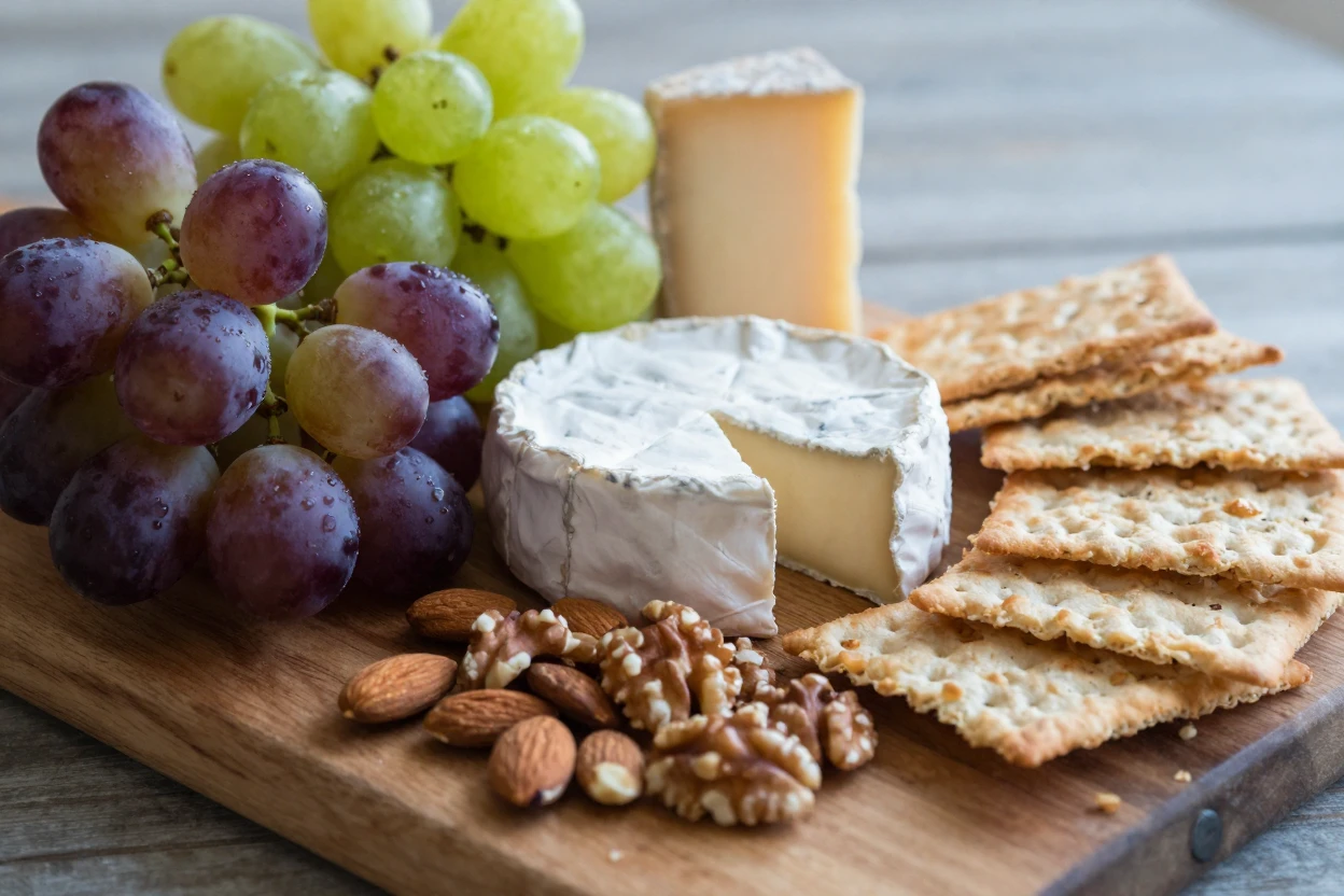 A close-up of a cheese board with grapes, nuts, and crackers.