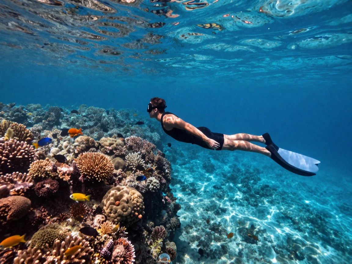 A man free diving near a coral reef with clear visibility.