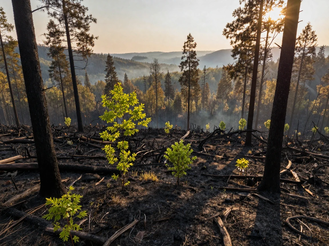 A vast forest fire recovery landscape with new green growth emerging.