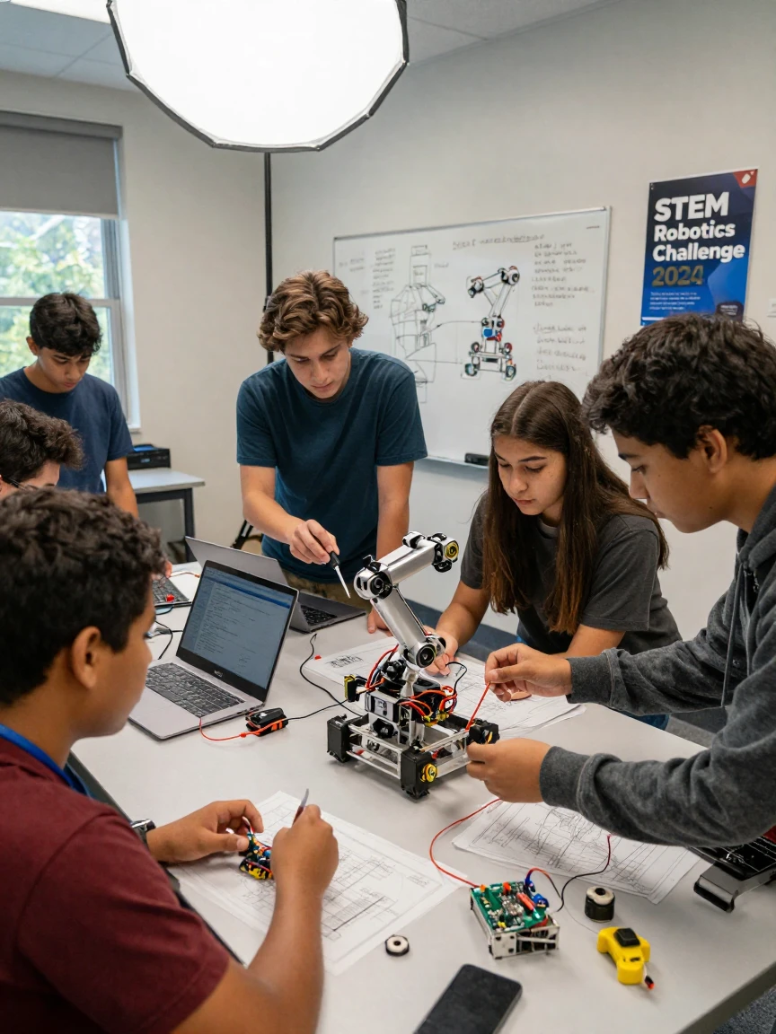 A group of students building a robot for a STEM competition.