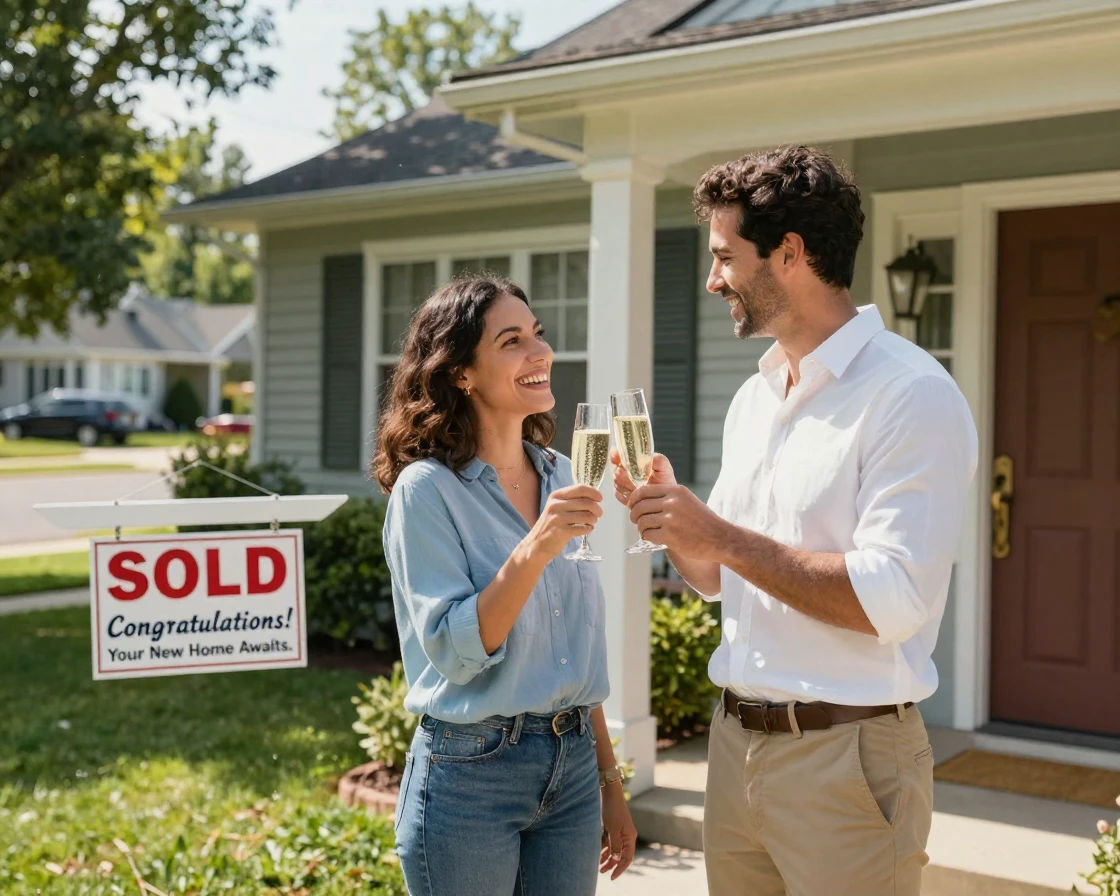 A couple celebrating with champagne after closing on their first home.