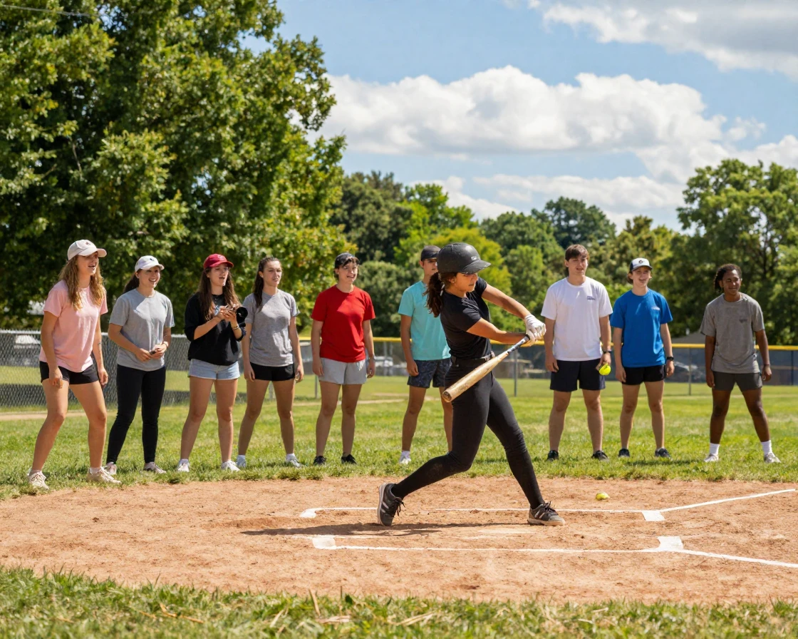 A group of friends playing recreational softball at a local park.