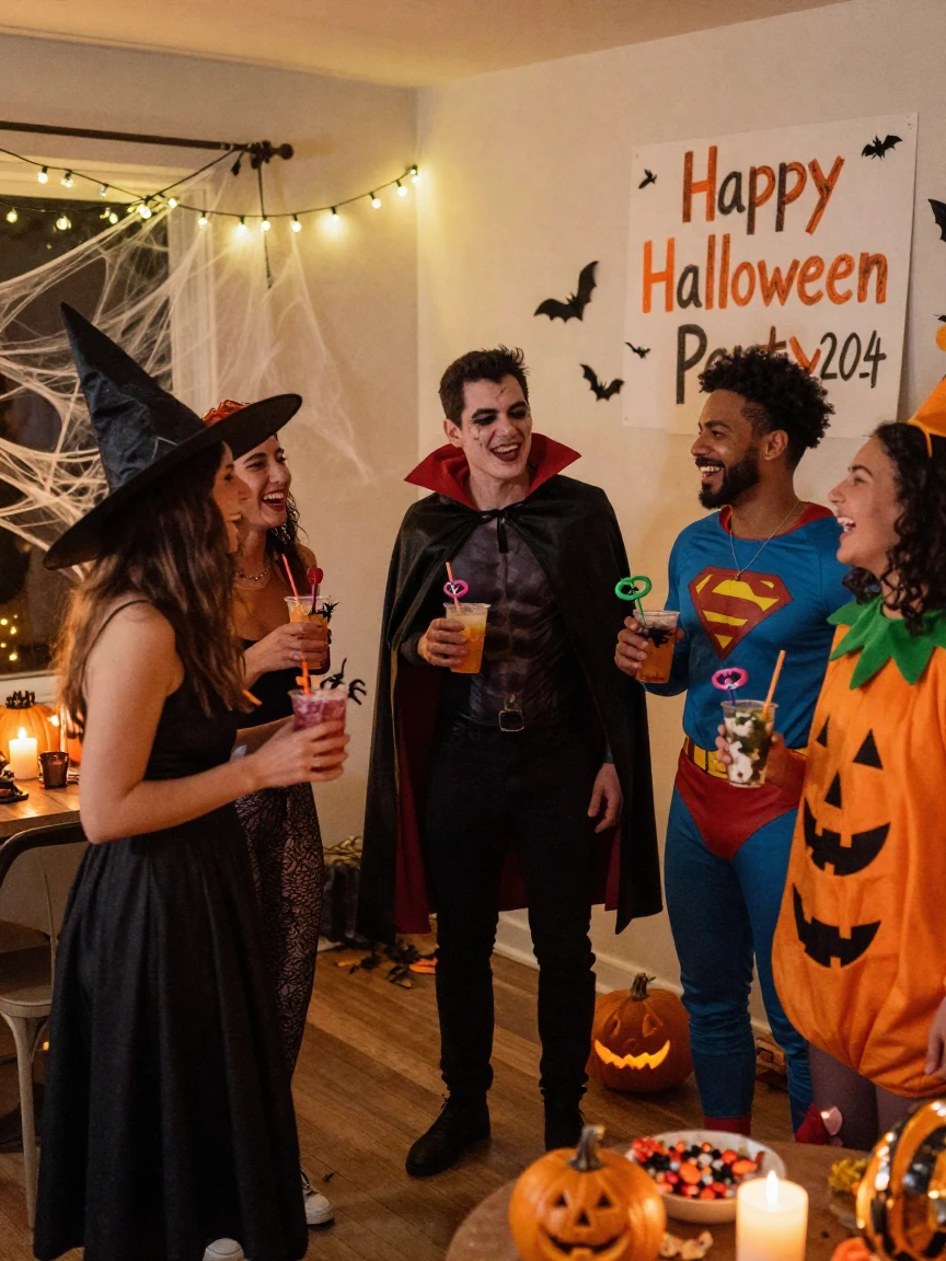 Friends dressed in costumes celebrating Halloween at a themed party.