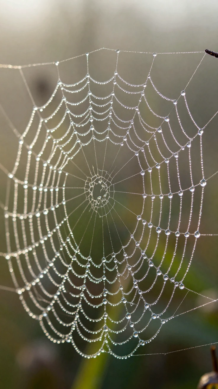 Close-up of a spider web glistening with morning dew.