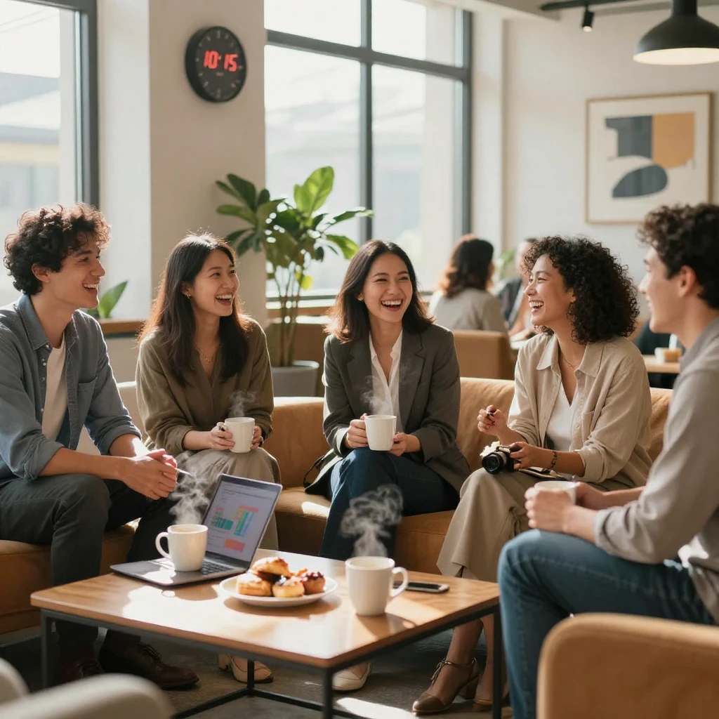 A group of coworkers gathered for a candid laugh during a coffee break.