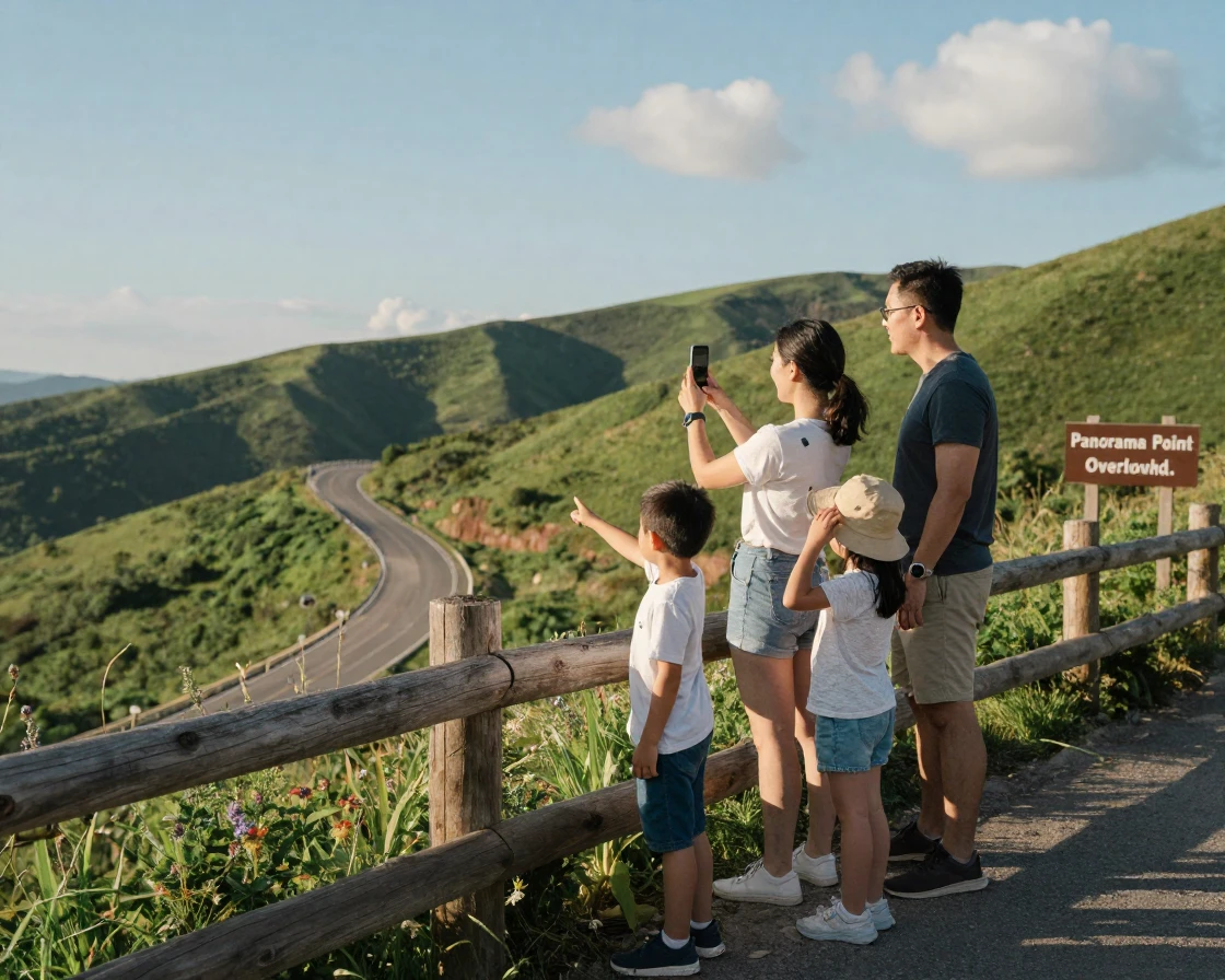A family taking a road trip, stopping to take photos at a scenic overlook.