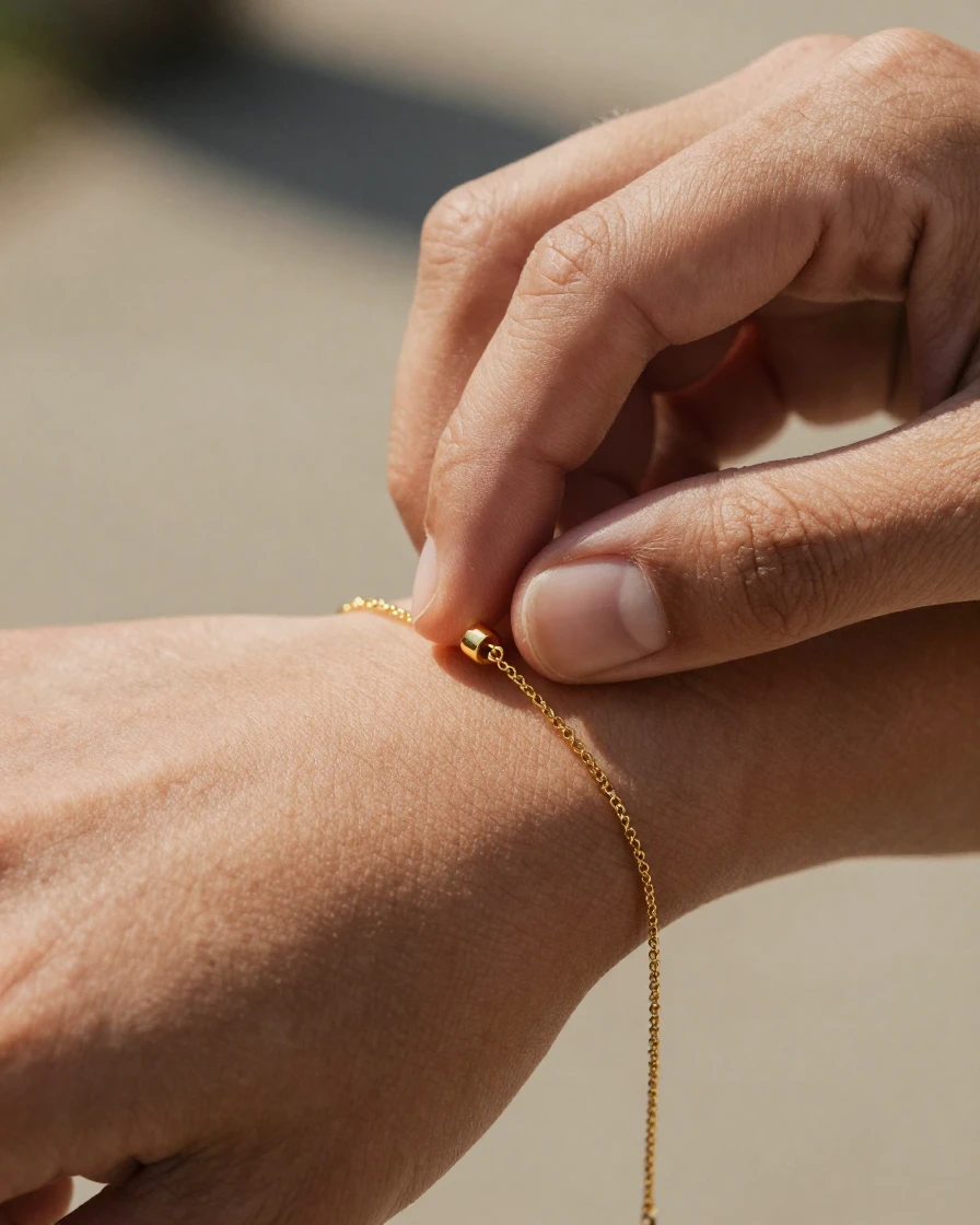 A close-up of a hand adjusting a delicate gold bracelet.