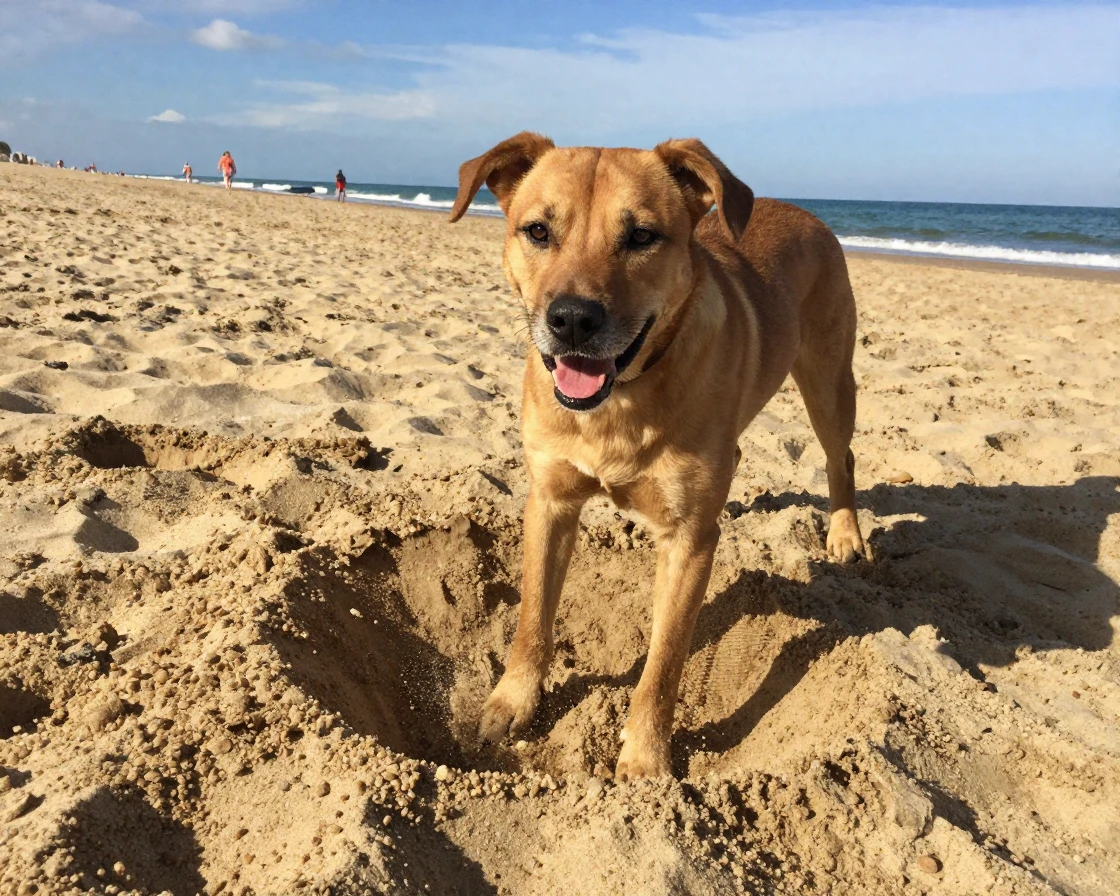 A dog digging happily in a sandy beach hole.