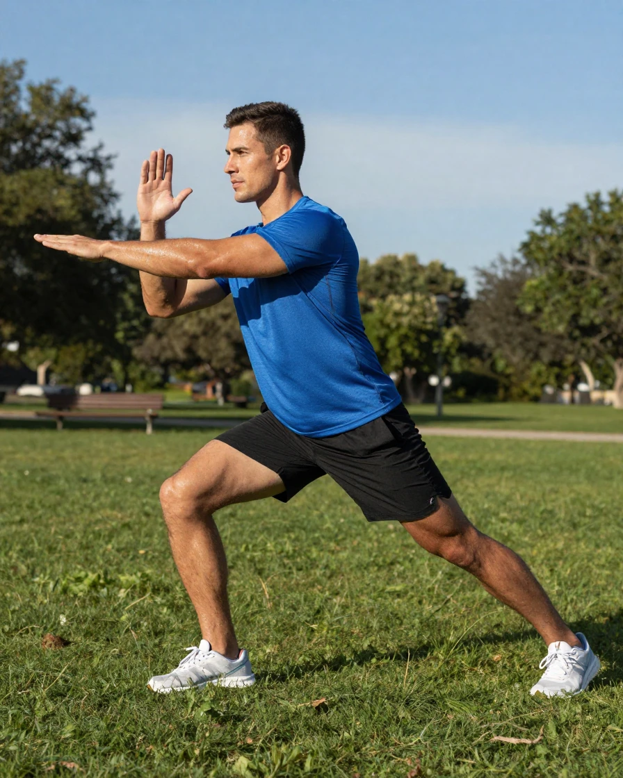 A man doing a dynamic warmup stretch before playing recreational sports.