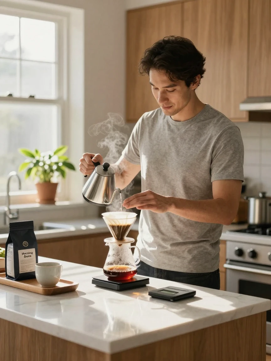 A man brewing a pour-over coffee in his kitchen in the morning.
