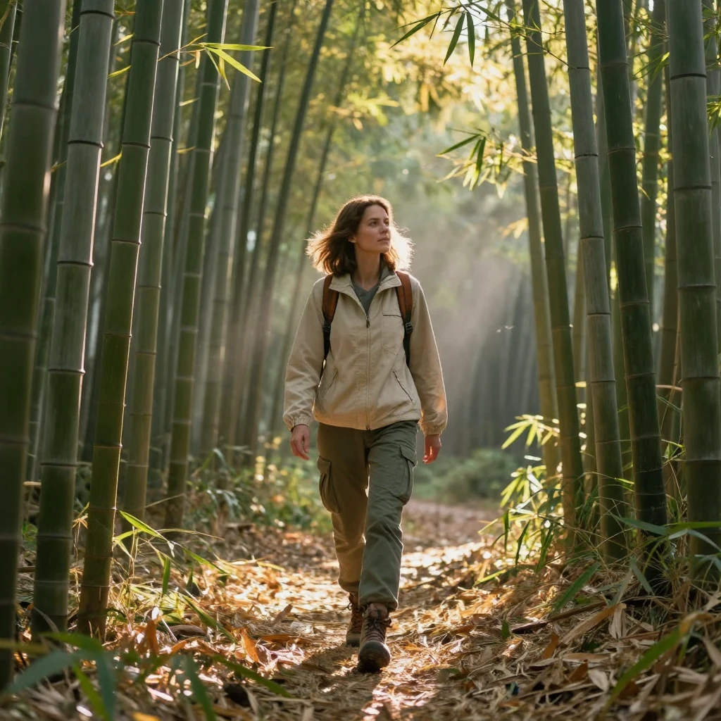 A woman exploring a bamboo forest trail in soft morning light.
