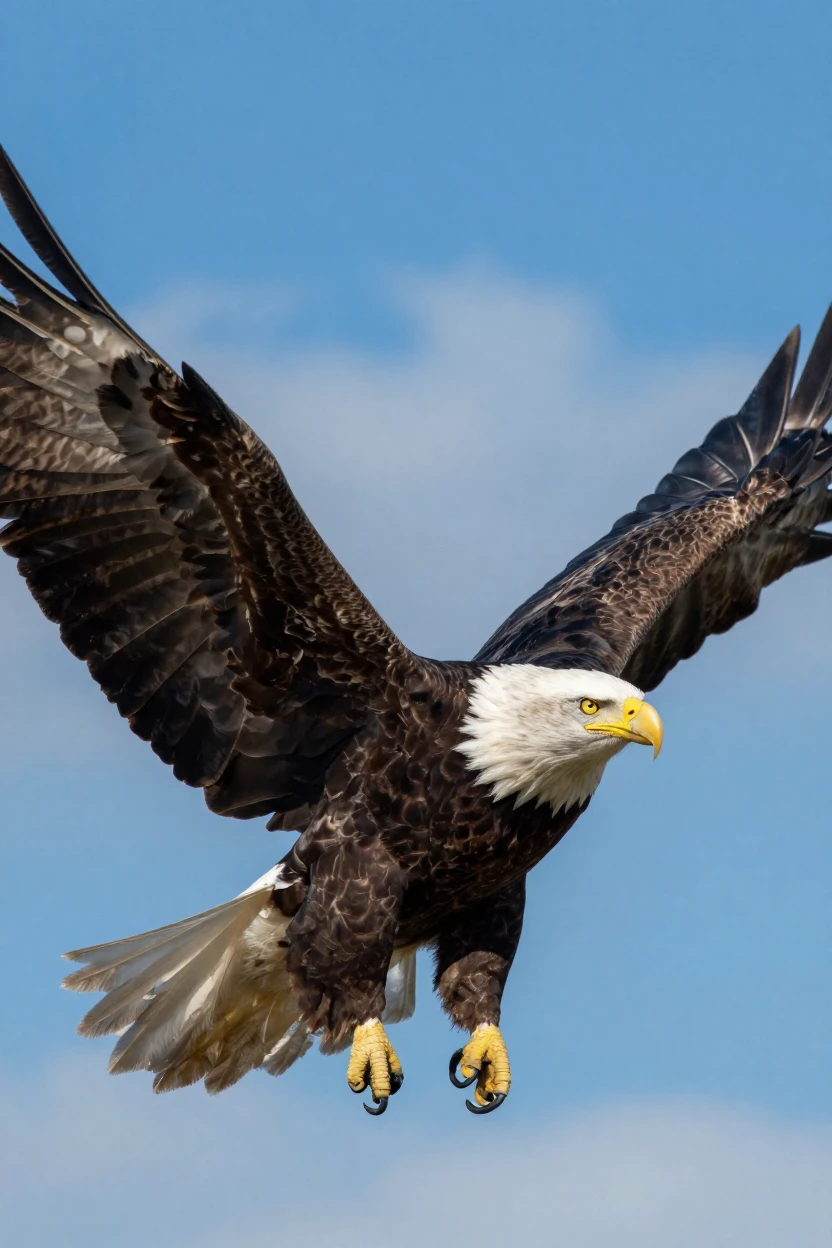 A close-up of an eagle soaring with wings spread against a blue sky.