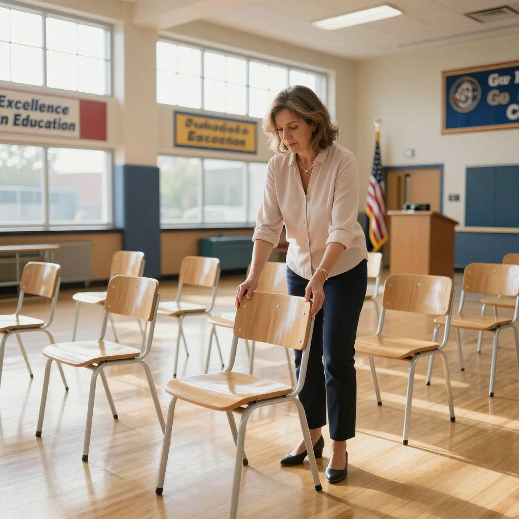 A teacher setting up chairs for a school assembly.