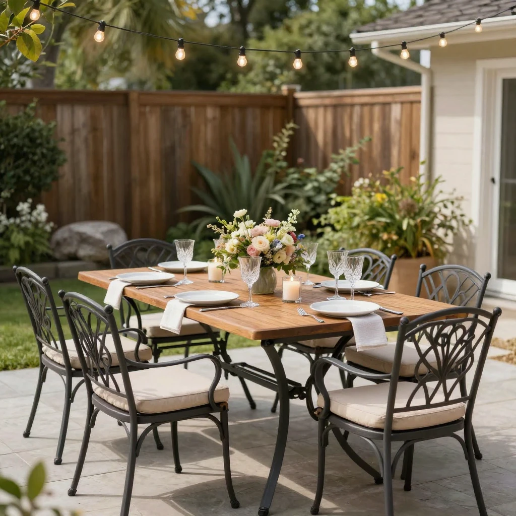 A staged outdoor patio with a dining set and string lights.