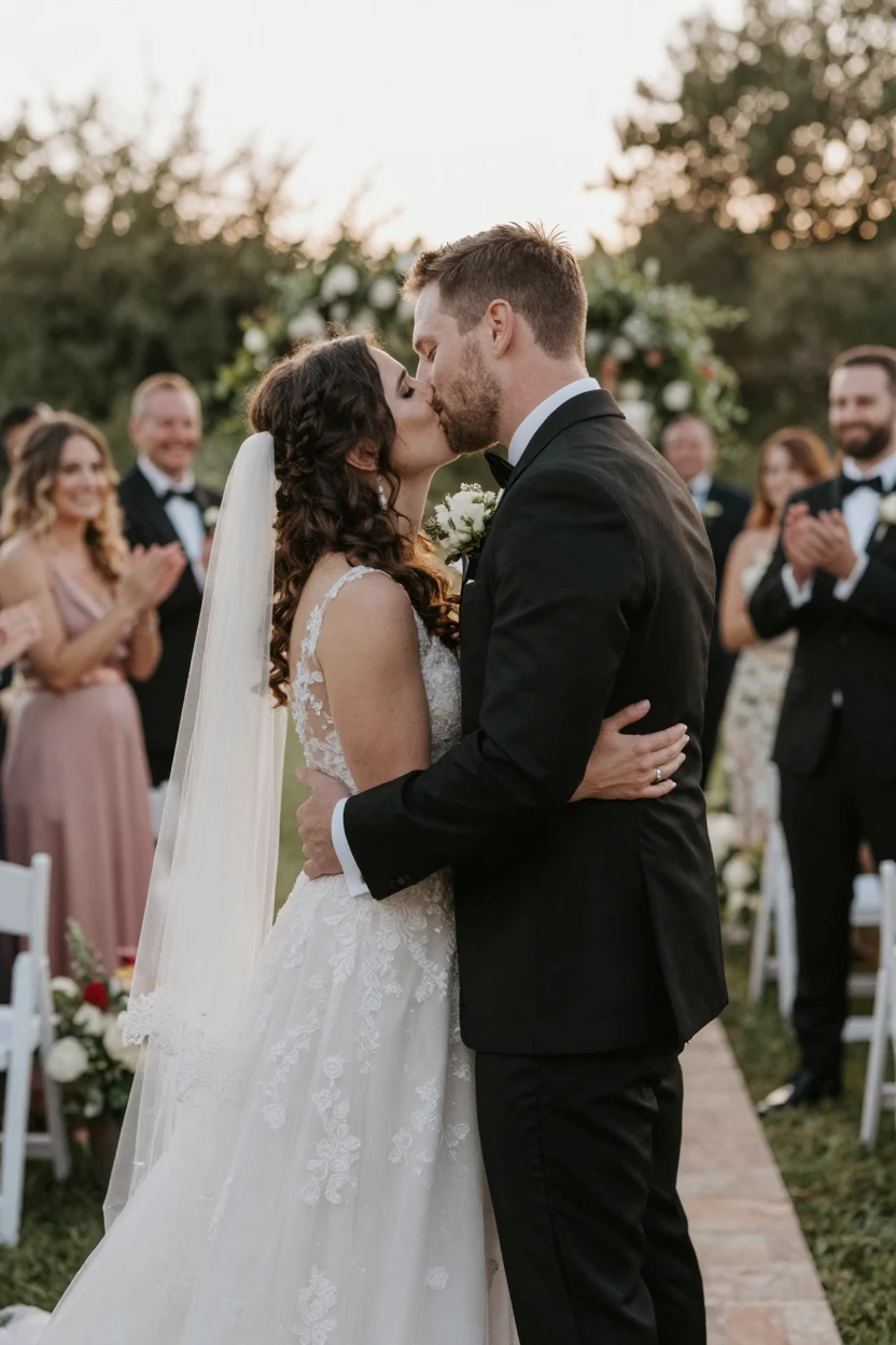 A groom kissing his bride at the end of the wedding ceremony.