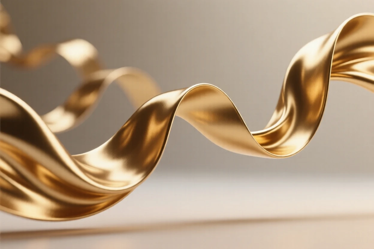 Abstract 3D render of a wavy fabric ribbon in metallic gold.