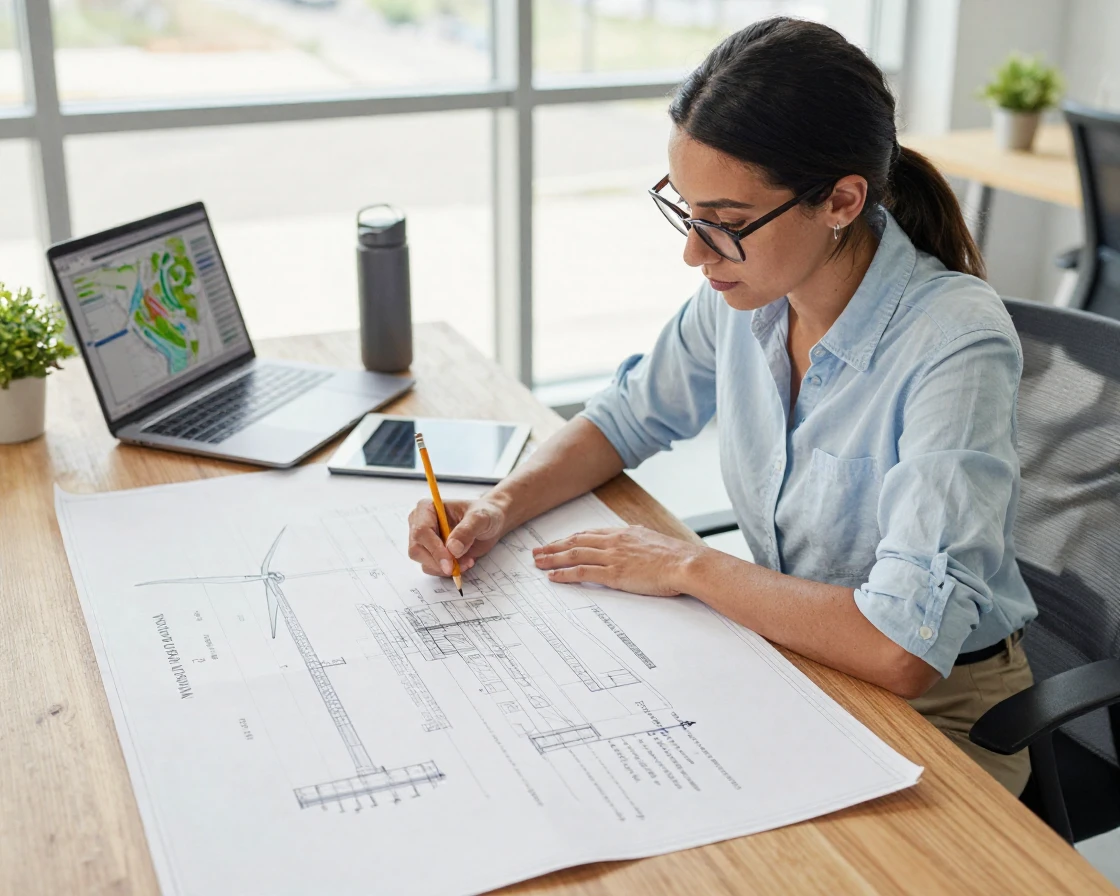 A woman working on renewable energy plans with wind turbine blueprints spread on a table.
