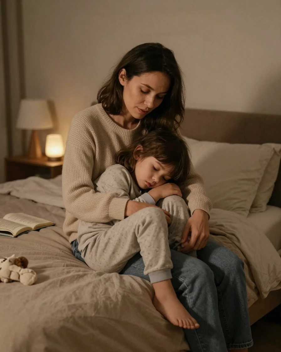 A mother comforting her child after a nightmare, sitting on the edge of the bed.