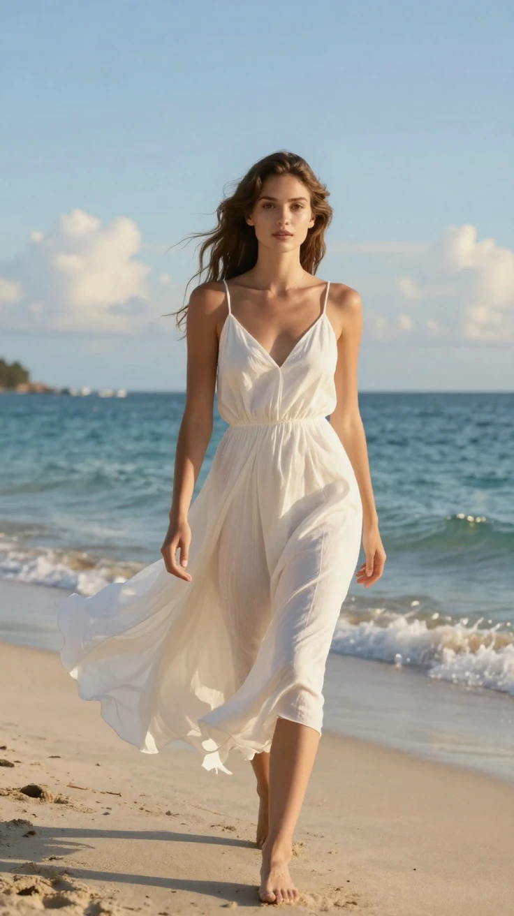 A model walking barefoot on a beach in a flowing white dress.