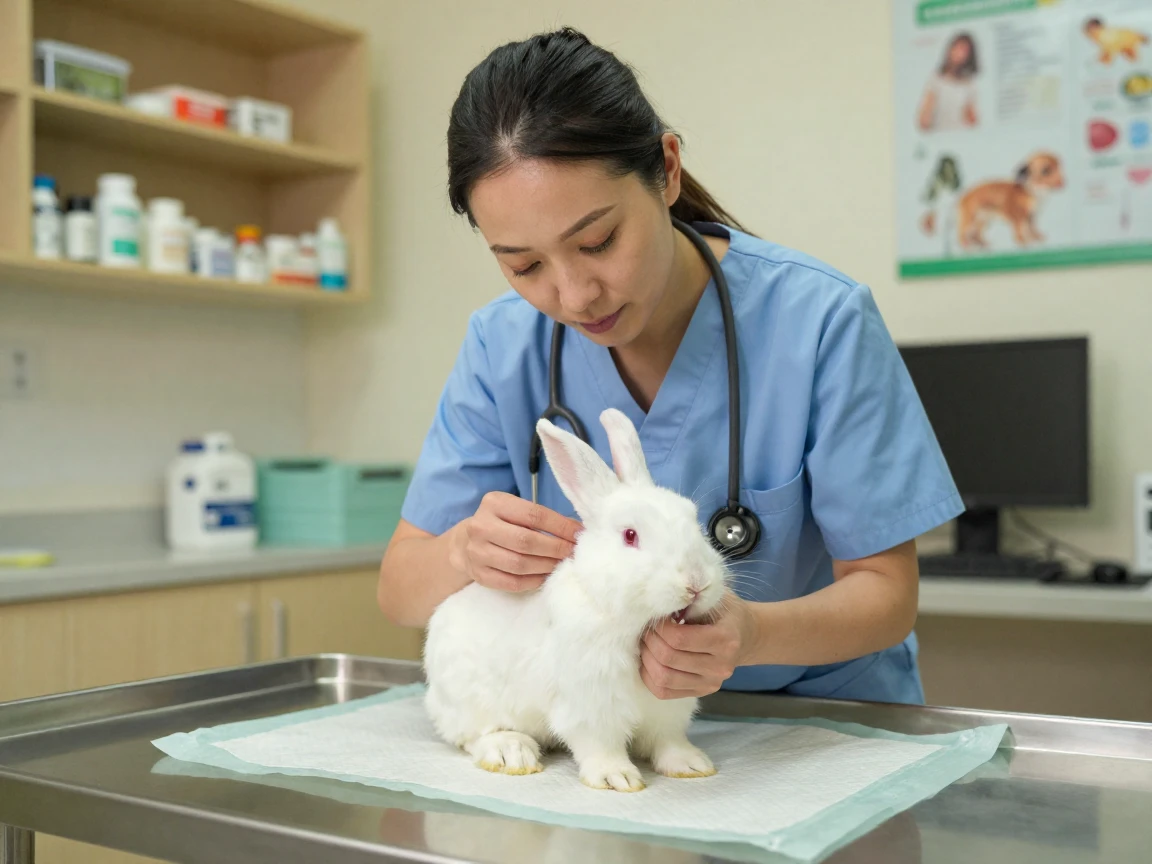 A veterinarian gently checking a rabbit's teeth during an exam.