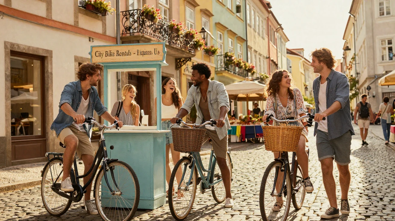 A group of friends renting bikes to explore a foreign city together.