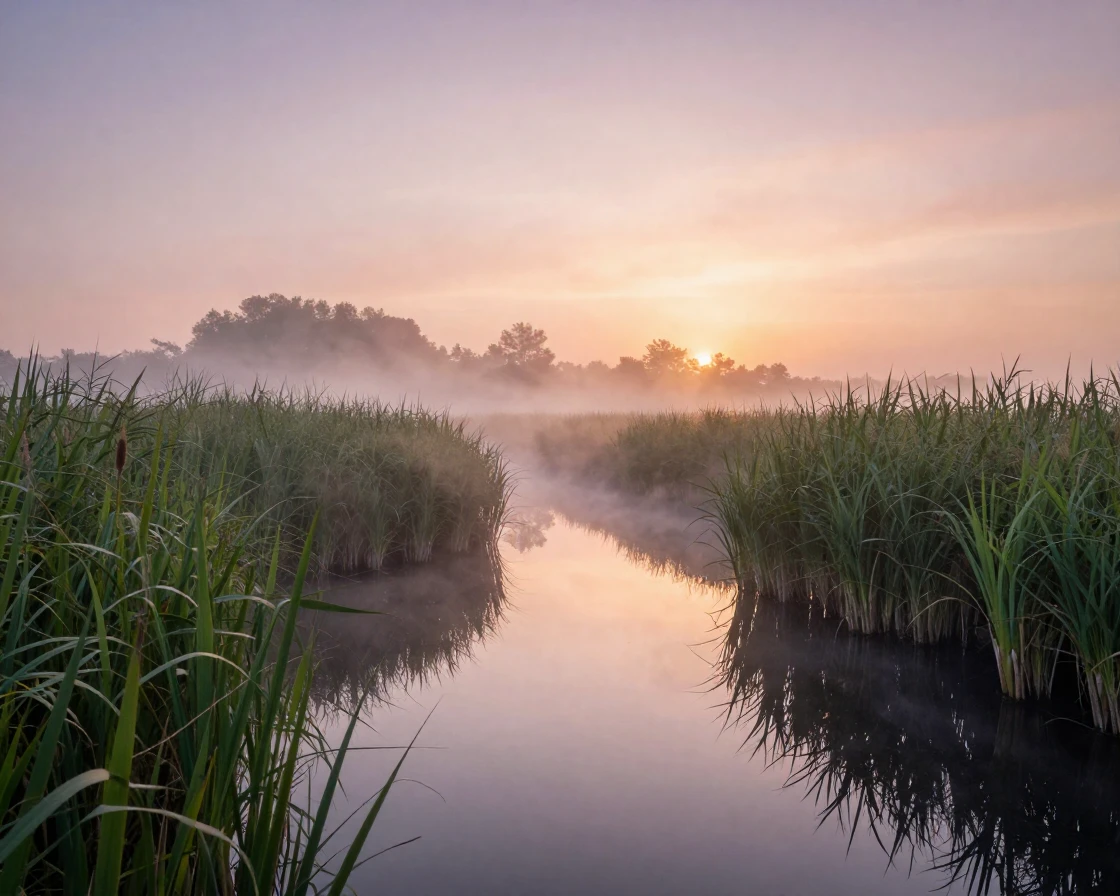 A peaceful marsh at sunrise with mist hovering over the water.