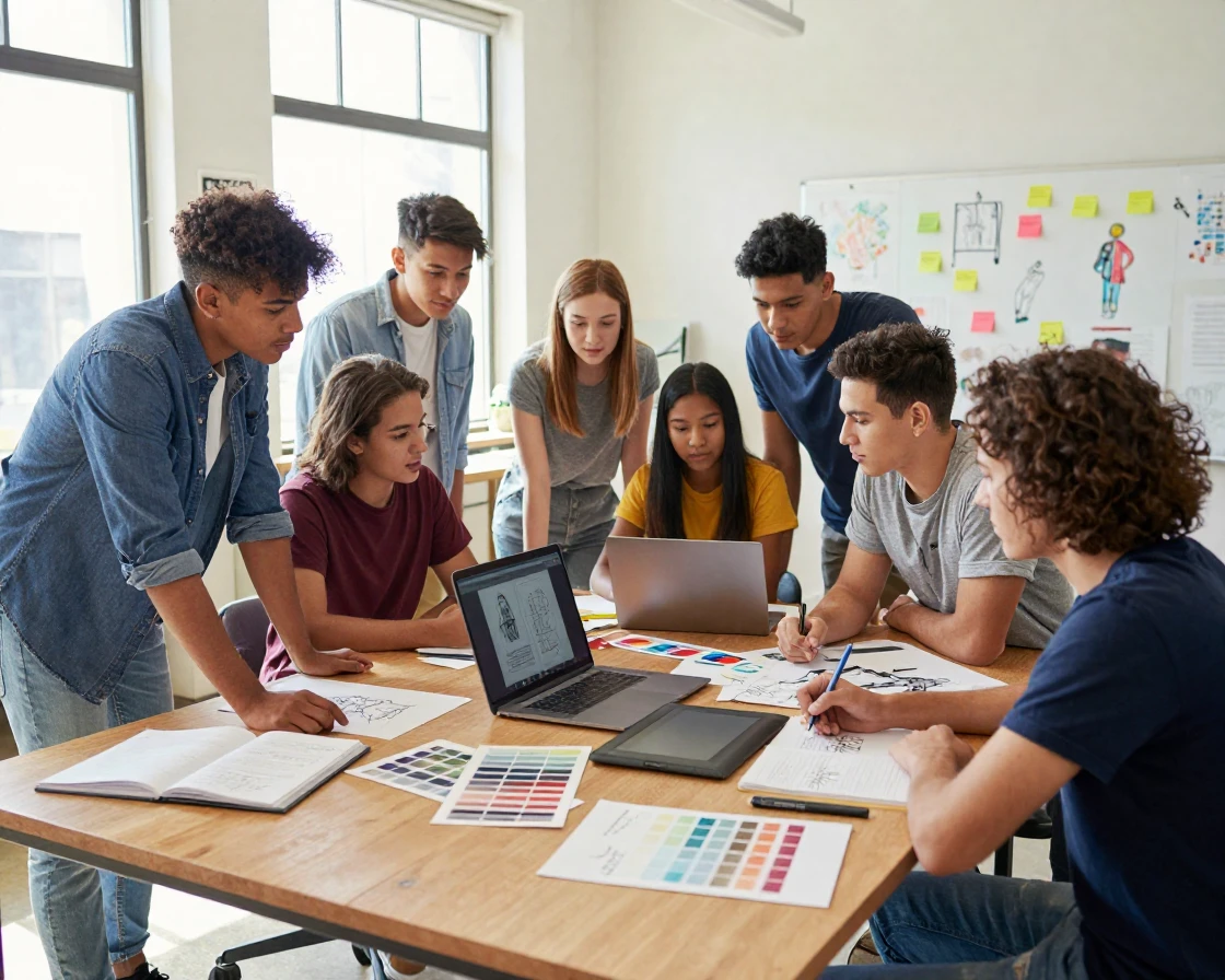A group of college students collaborating in a design studio.