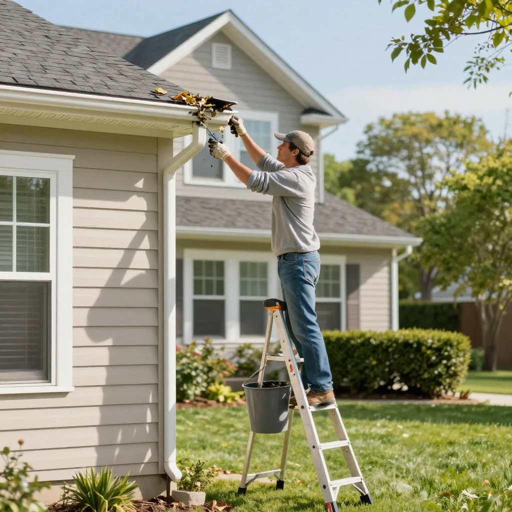 A homeowner cleaning gutters on a ladder outside a house.