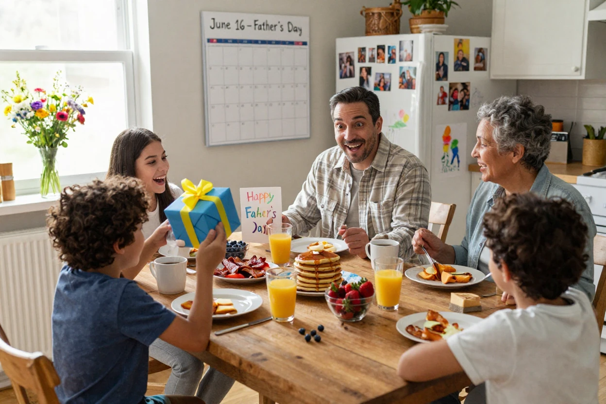 A family gathered around a table for a festive Father's Day breakfast.