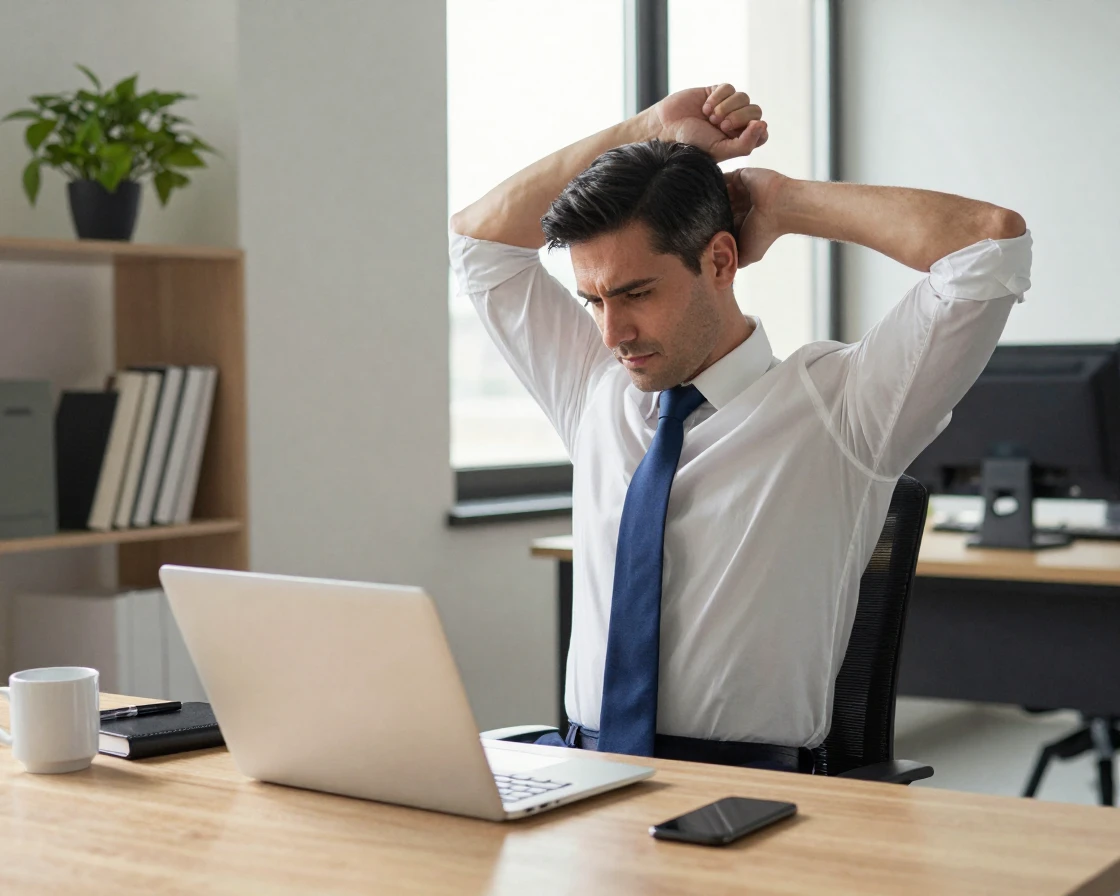 A businessman closing his laptop and stretching at his desk at the end of a long workday.
