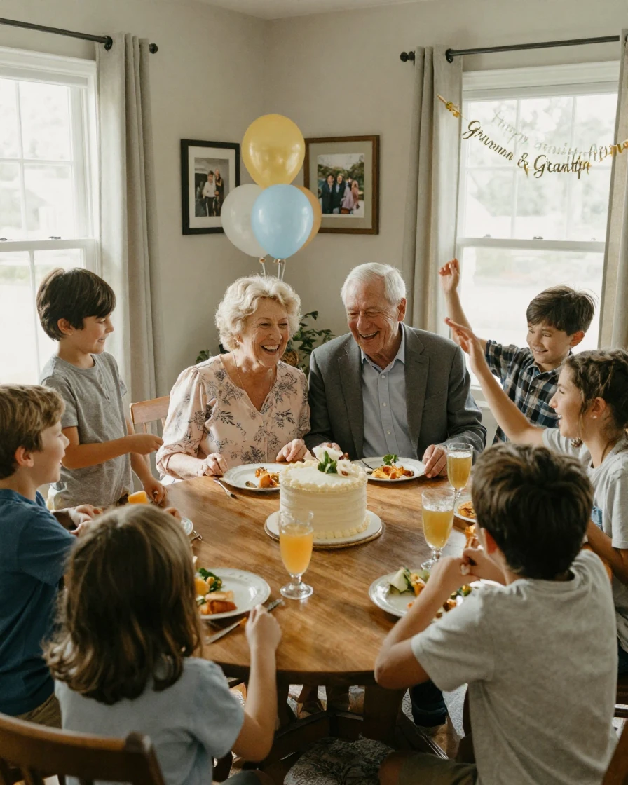 Grandparents celebrating their anniversary surrounded by their children and grandchildren.