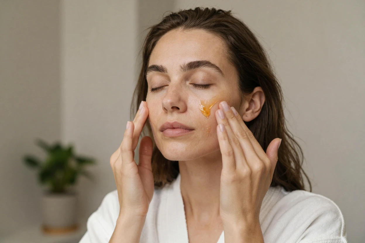 A woman applying a hydrating face oil, massaging it into her skin.