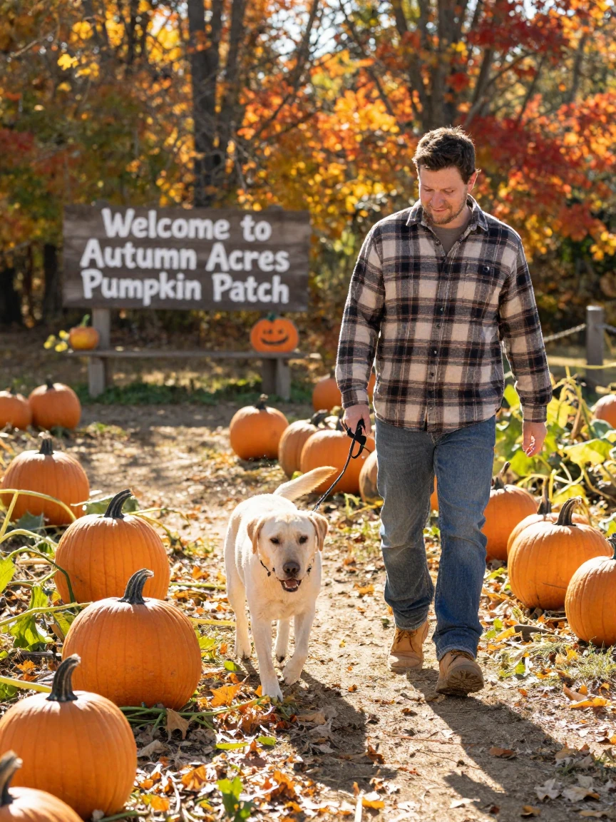 A dog and owner walking through a pumpkin patch in autumn.