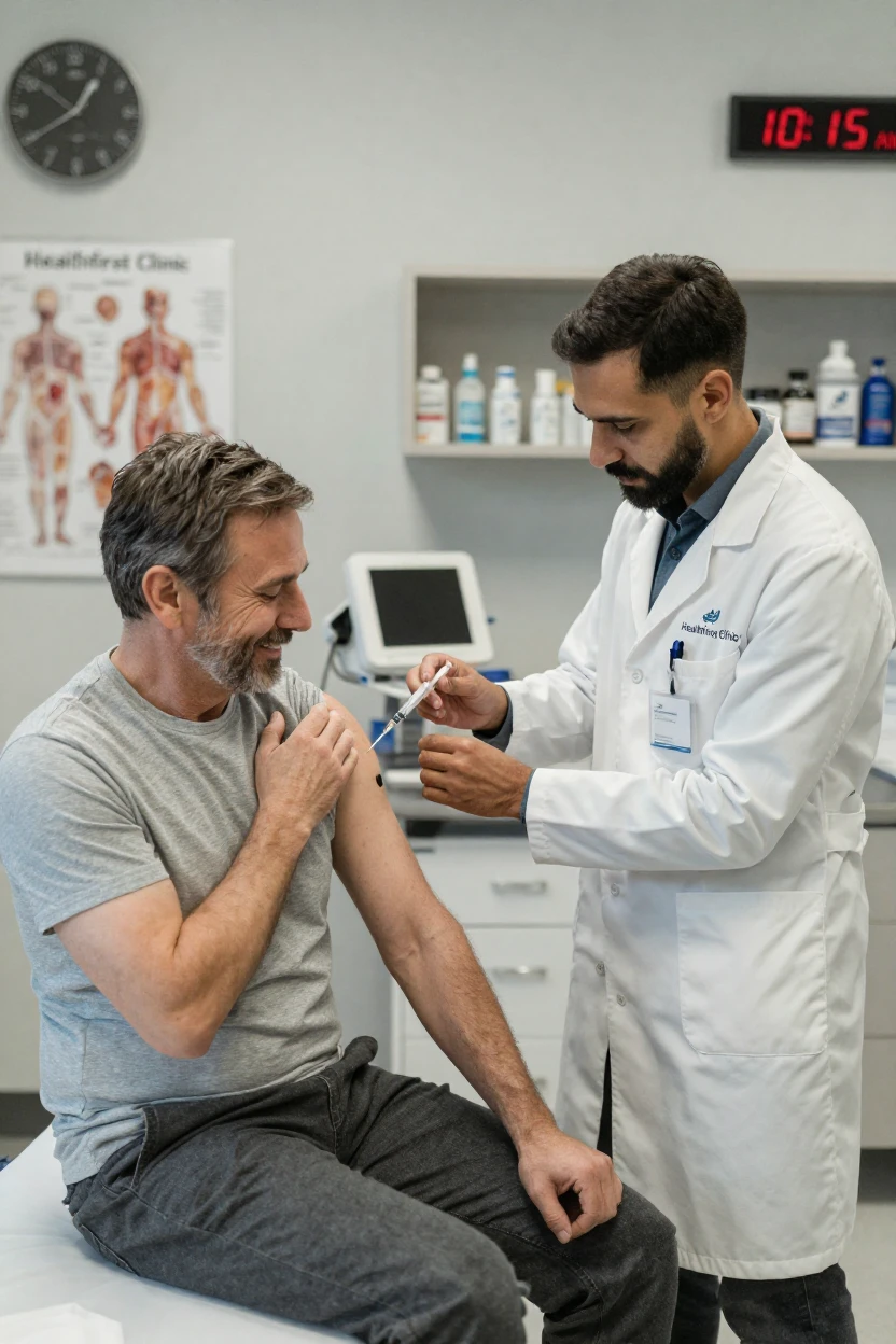 A doctor giving a flu vaccination to a patient at a clinic.