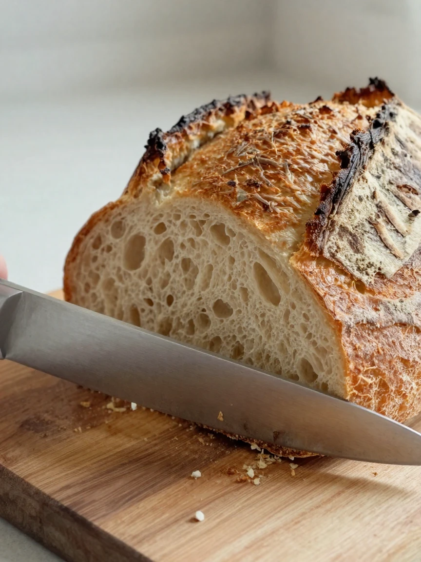 A close-up of a knife slicing through a fresh loaf of sourdough bread.