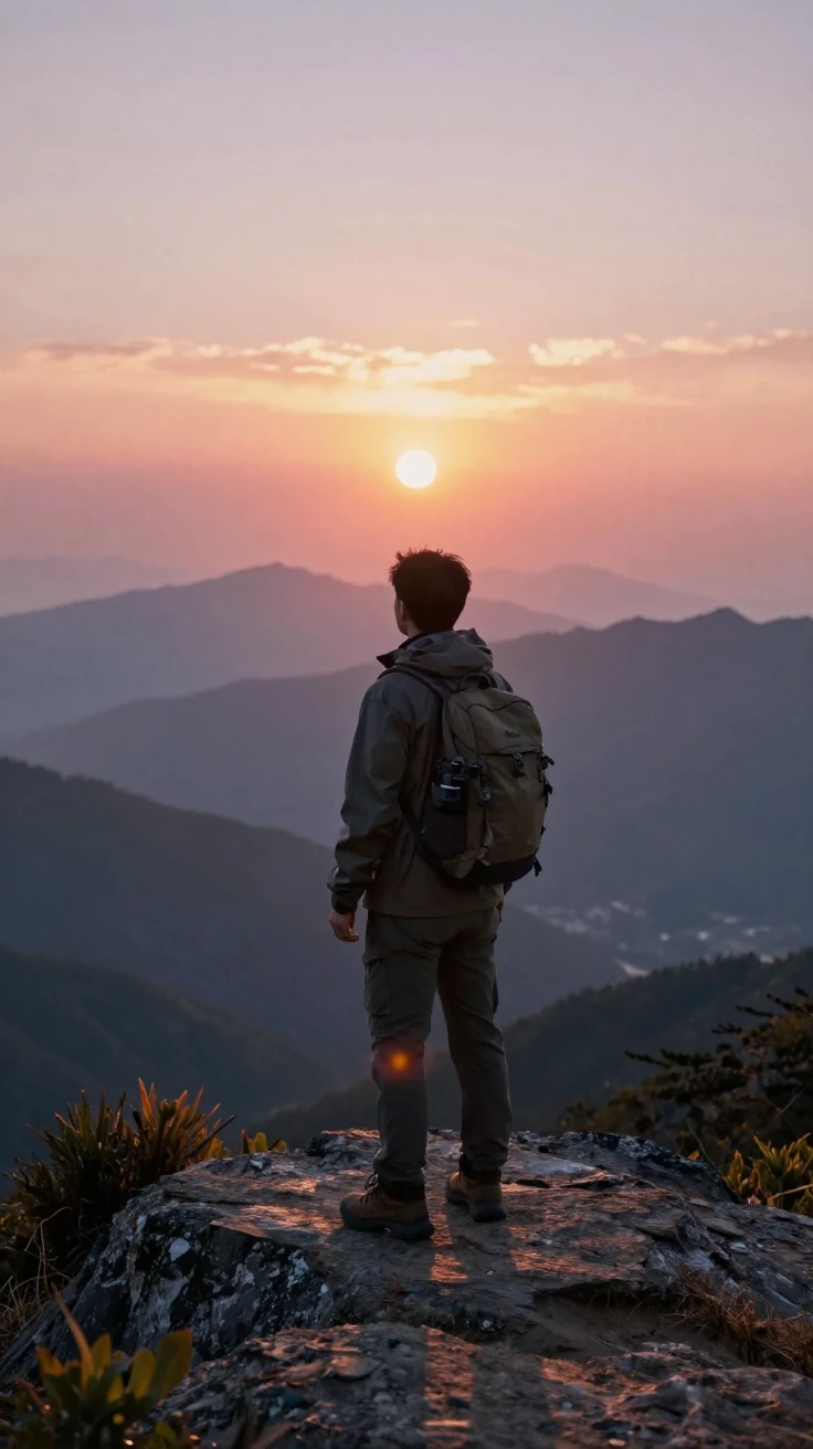 A traveler watching the sunrise from a mountaintop viewpoint alone.