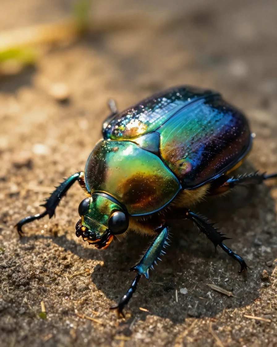 A close-up of a beetle's iridescent shell catching the sunlight.