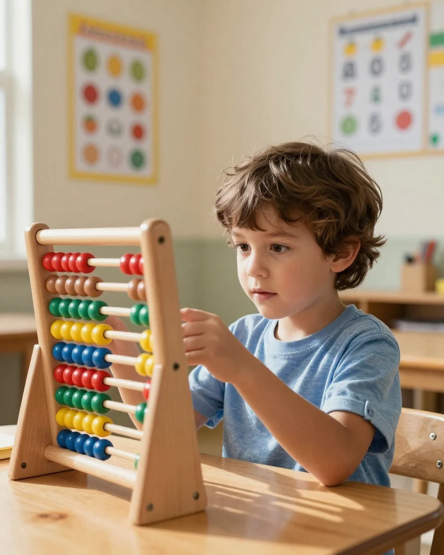 A child using an abacus to learn basic arithmetic.