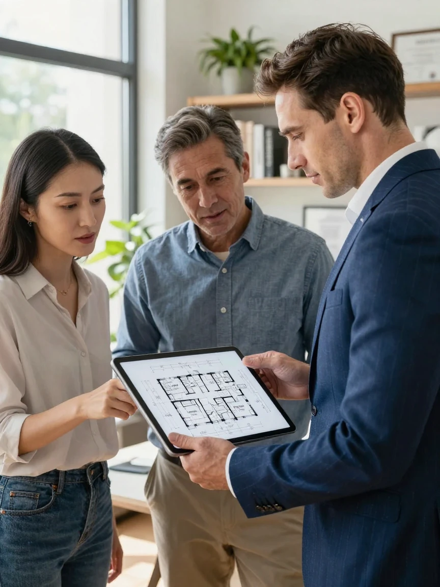 A real estate agent reviewing digital blueprints on a tablet with clients.