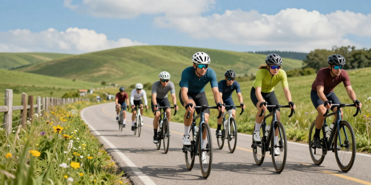 A group of cyclists riding together on a scenic countryside road.