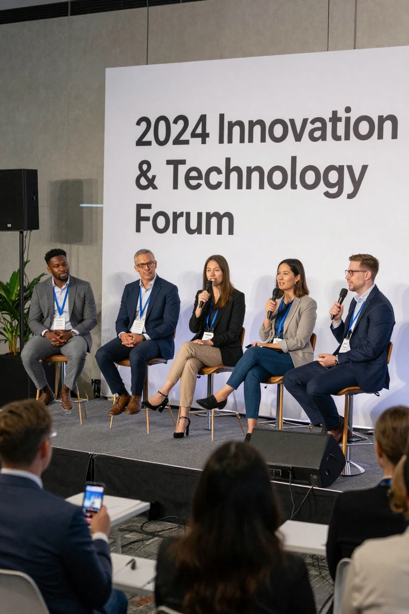 A diverse team of employees participating in a panel discussion at an industry conference.