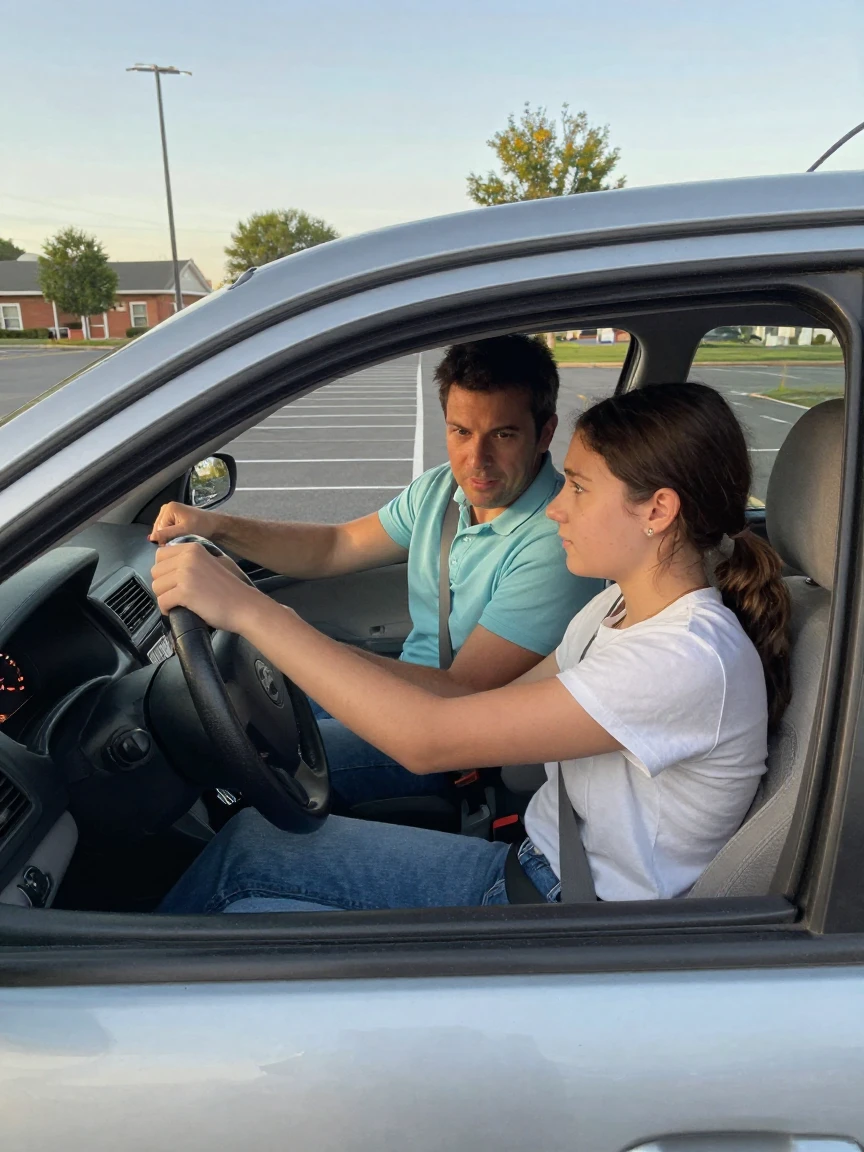 A father teaching his daughter to drive in an empty parking lot.