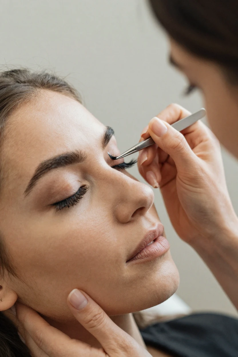 A close-up of a makeup artist applying false lashes to a client.