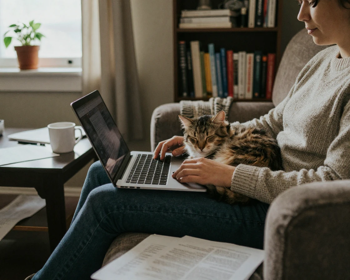 A cat curled up asleep in an owner's lap while they work from home.