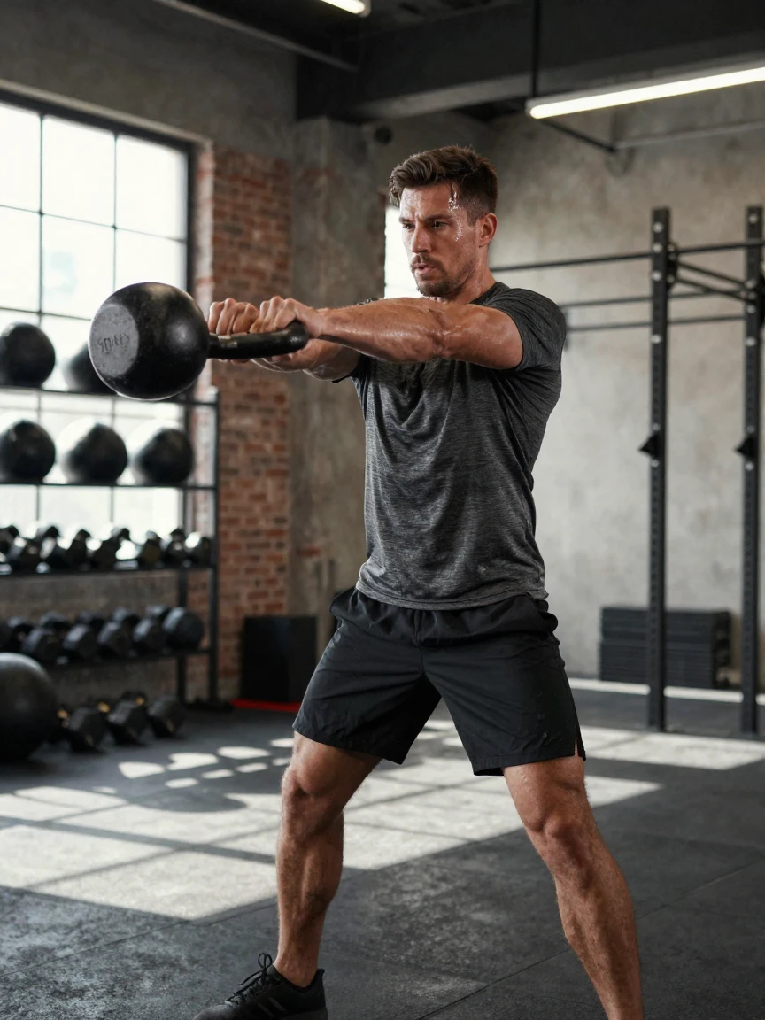 A man doing kettlebell swings during a functional fitness workout.